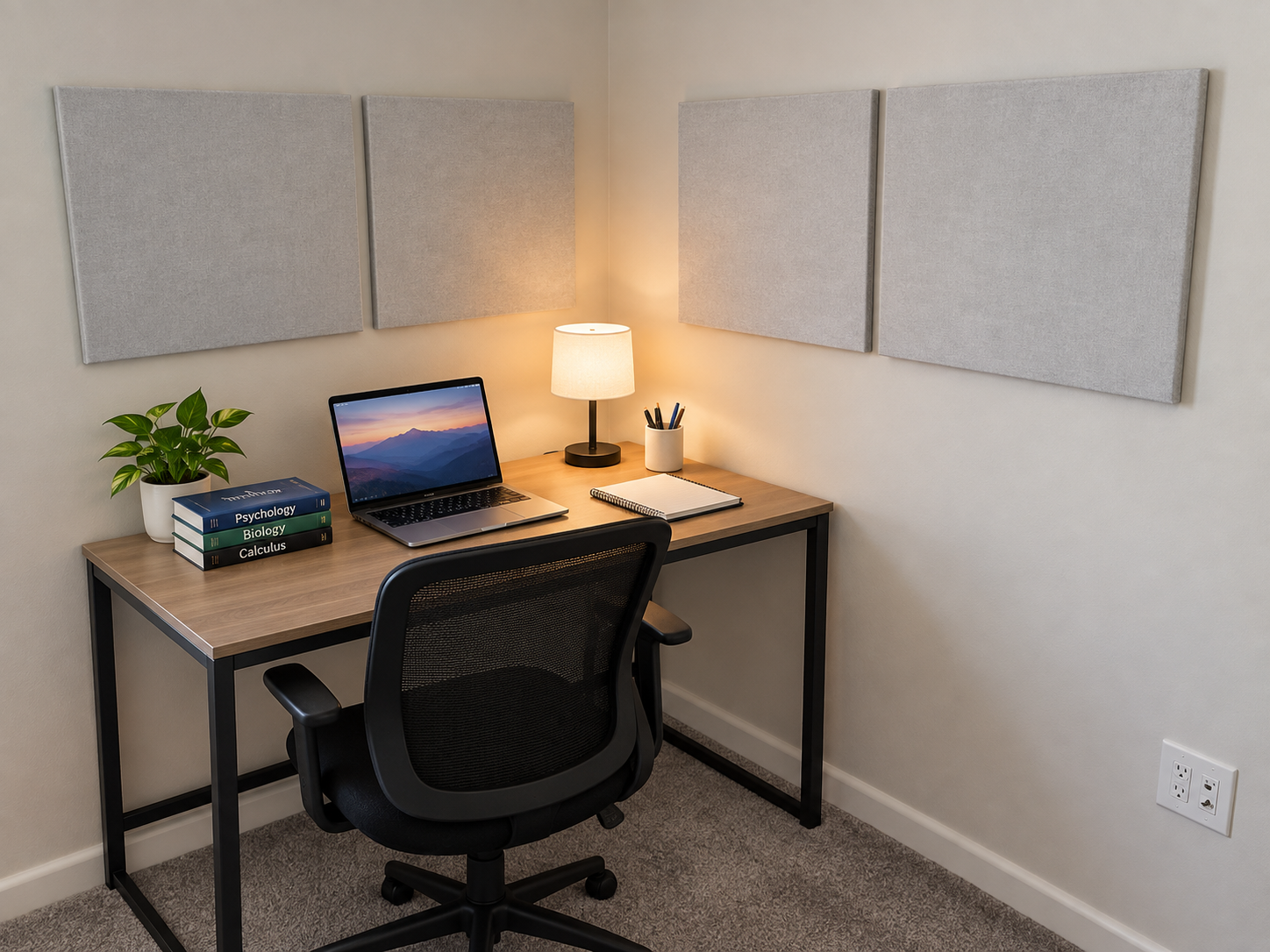 Image of Dorm room desk with Oyster color SonoLite panels on wall