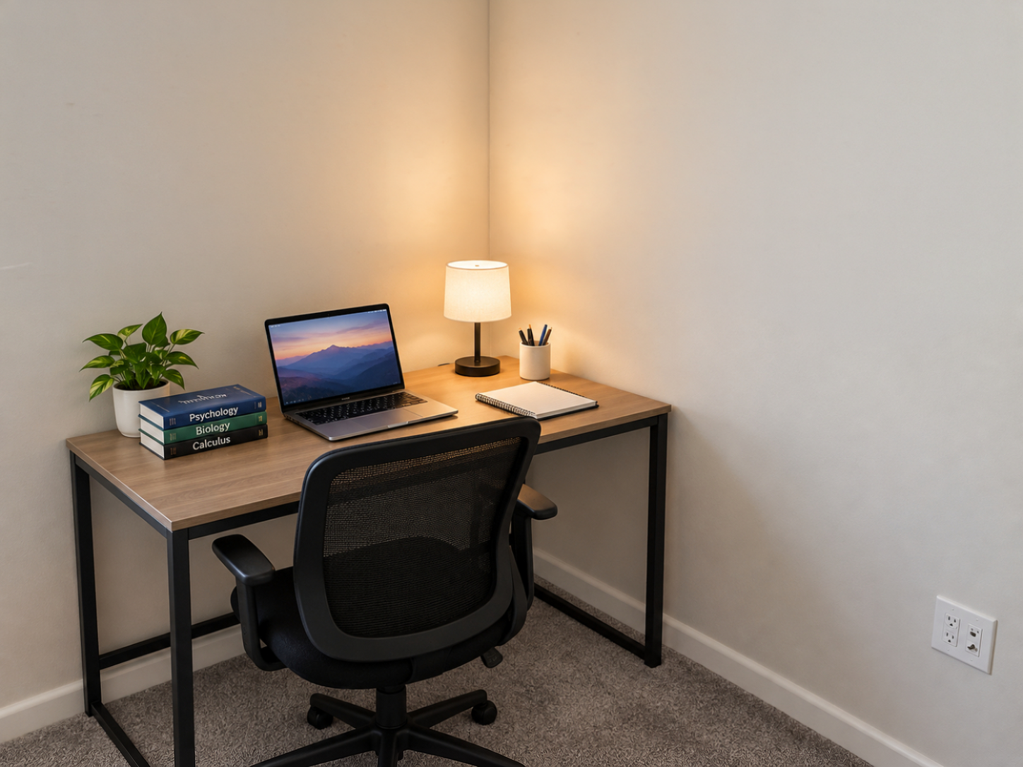 Image of dorm room with desk and bare walls