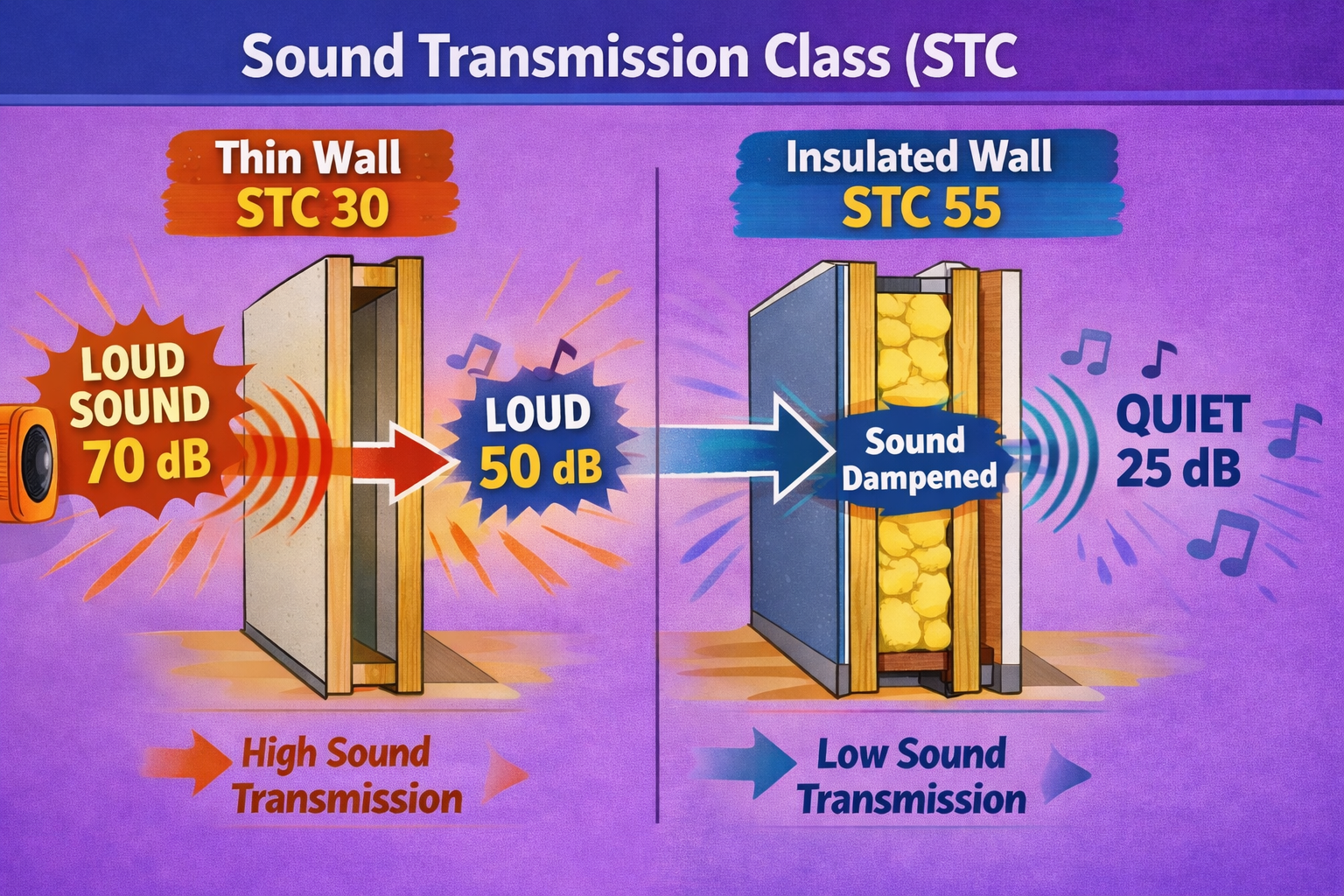 STC Animation Image showing reduced sound transmission