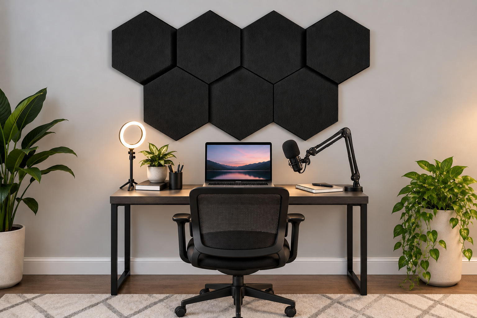 Image Podcast Desk with Black Synergy 24" panels on wall
